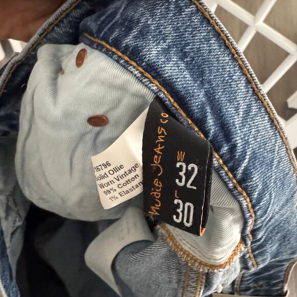 Nudie Solid Ollie Slim Fit Worn Vintage Straight Leg Jeans 32x30 NEW Blue Denim - Picture 7 of 9